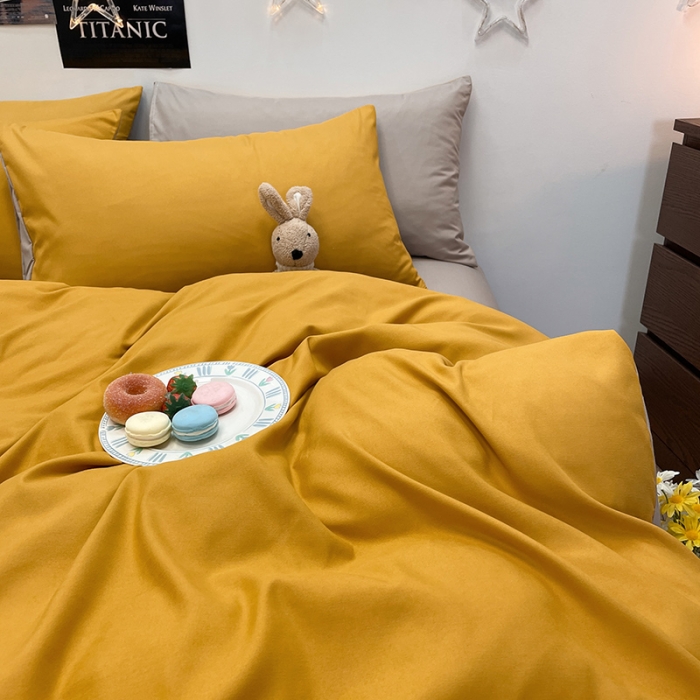 91家纺网 家纺一手货源 找家纺 赫然家纺 2026新款纯色磨毛系列床单款四件套 姜黄+驼色