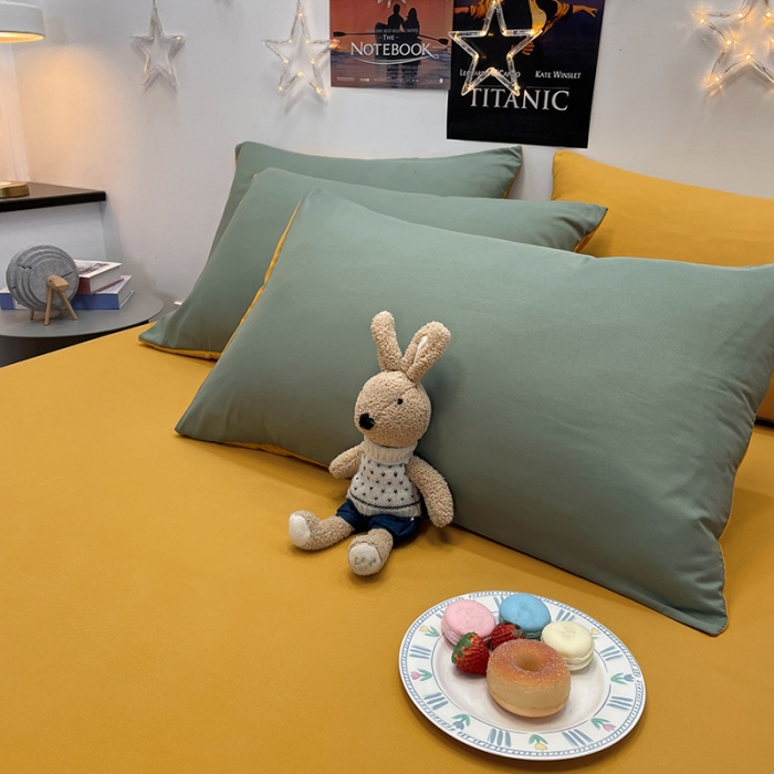 91家纺网 家纺一手货源 找家纺 赫然家纺 2026新款纯色磨毛系列床单款四件套 蓝绿+姜黄