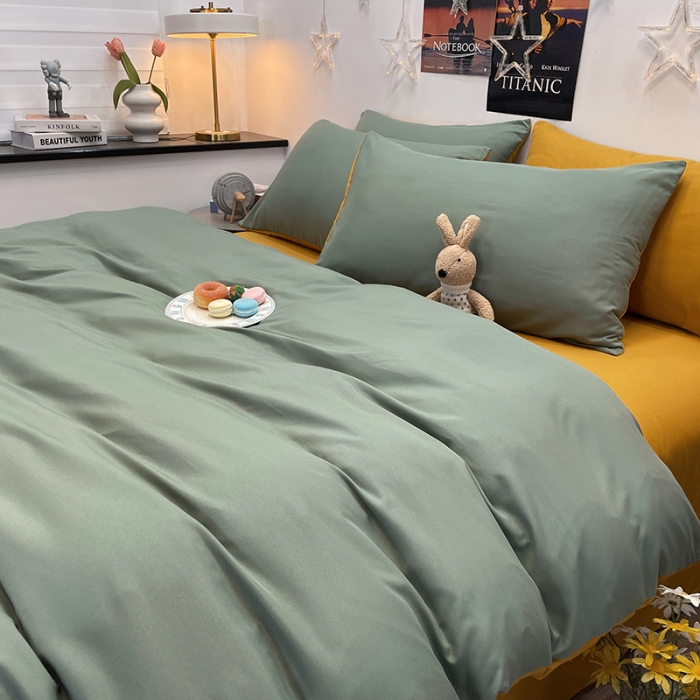 91家纺网 家纺一手货源 找家纺 赫然家纺 2026新款纯色磨毛系列床单款四件套 蓝绿+姜黄