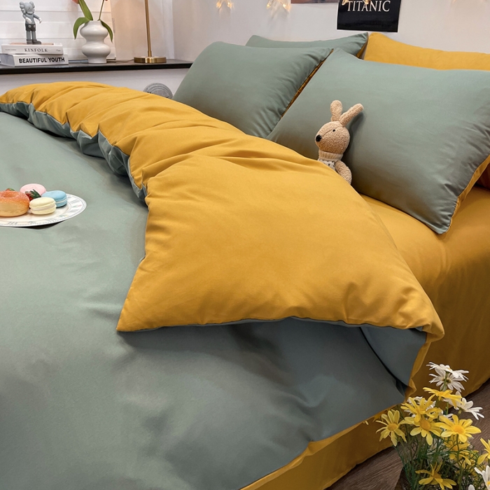 91家纺网 家纺一手货源 找家纺 赫然家纺 2026新款纯色磨毛系列床单款四件套 蓝绿+姜黄