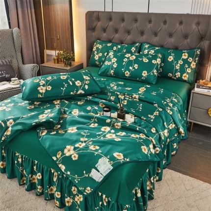 铠畅 2022新款天丝夏被四件套床裙 深沉墨绿