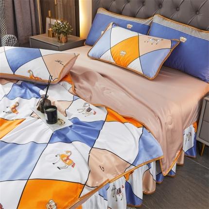 91家纺网 家纺一手货源 找家纺 铠畅 2022新款天丝夏被四件套床裙 时尚格马