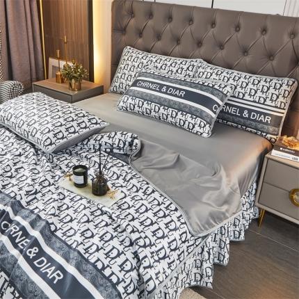 91家纺网 家纺一手货源 找家纺 铠畅 2022新款天丝夏被四件套床裙 黑白英文