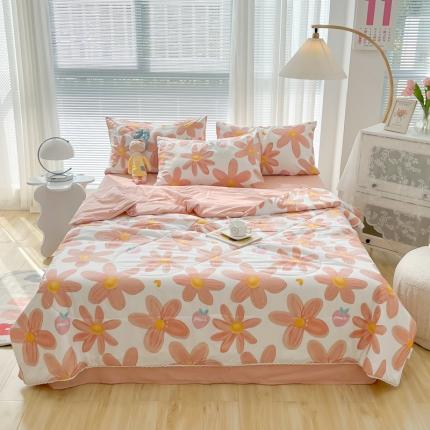 91家纺网 家纺一手货源 找家纺 沐辰家居 2022新款亲肤水洗棉小清新小花边夏被 花花爱心