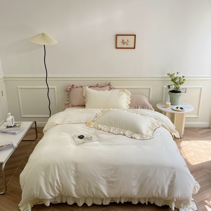 91家纺网 家纺一手货源 找家纺 （总）时年 2022新款60长绒棉水洗轻磨毛花边款四件套