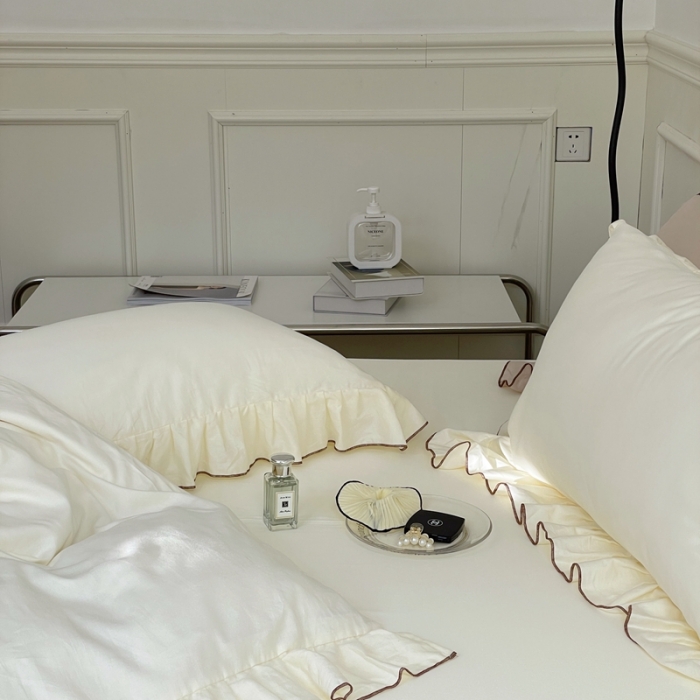 91家纺网 家纺一手货源 找家纺 （总）时年 2022新款60长绒棉水洗轻磨毛花边款四件套