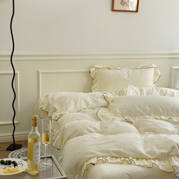 91家纺网 家纺一手货源 找家纺 （总）时年 2022新款60长绒棉水洗轻磨毛花边款四件套