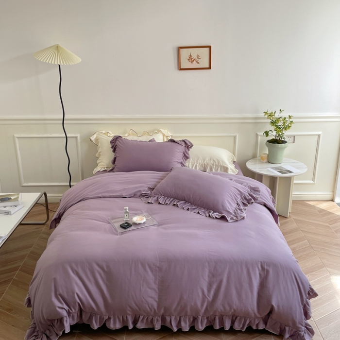 91家纺网 家纺一手货源 找家纺 时年 2022新款60长绒棉水洗轻磨毛花边款四件套 风信紫