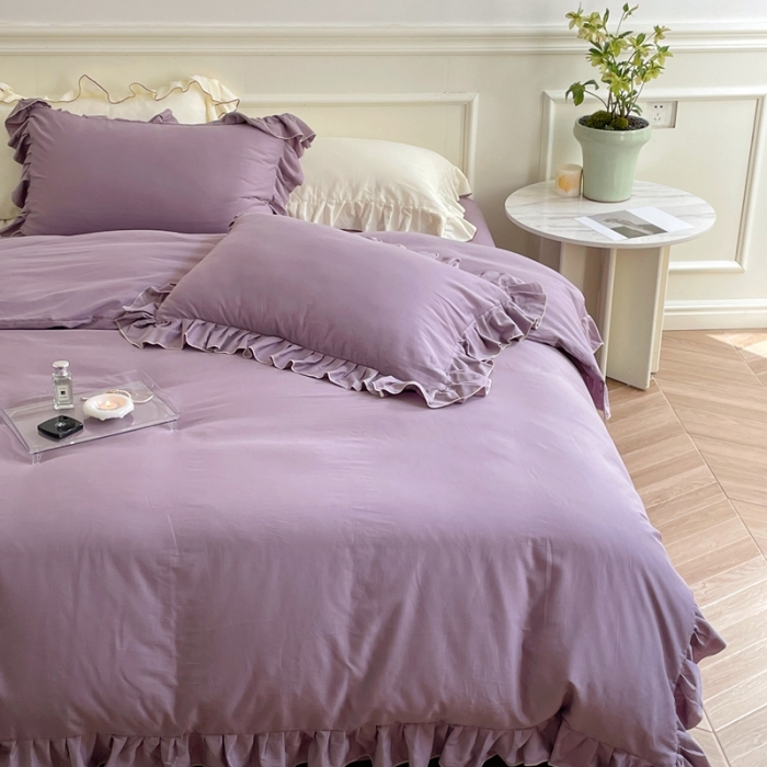 91家纺网 家纺一手货源 找家纺 时年 2022新款60长绒棉水洗轻磨毛花边款四件套 风信紫