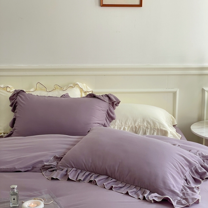 91家纺网 家纺一手货源 找家纺 时年 2022新款60长绒棉水洗轻磨毛花边款四件套 风信紫