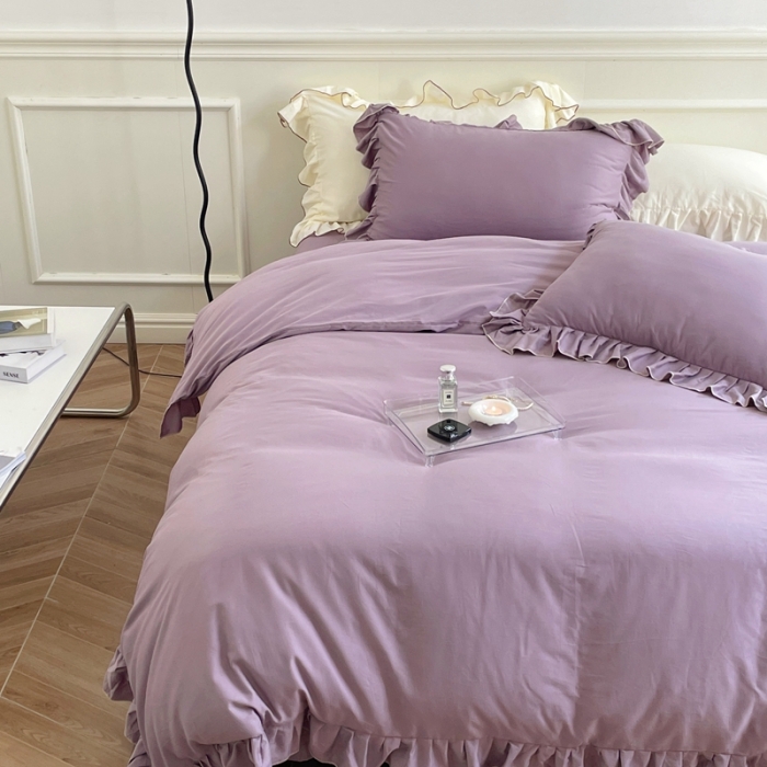 91家纺网 家纺一手货源 找家纺 时年 2022新款60长绒棉水洗轻磨毛花边款四件套 风信紫