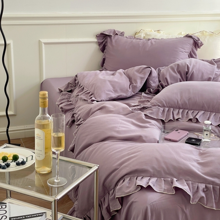 91家纺网 家纺一手货源 找家纺 时年 2022新款60长绒棉水洗轻磨毛花边款四件套 风信紫