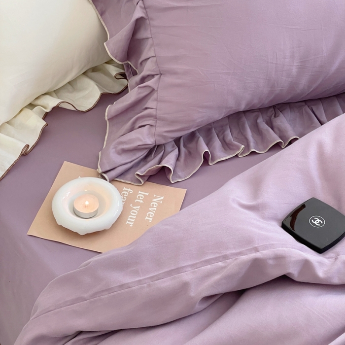 91家纺网 家纺一手货源 找家纺 时年 2022新款60长绒棉水洗轻磨毛花边款四件套 风信紫