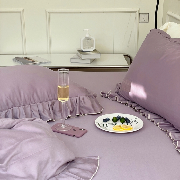 91家纺网 家纺一手货源 找家纺 时年 2022新款60长绒棉水洗轻磨毛花边款四件套 风信紫