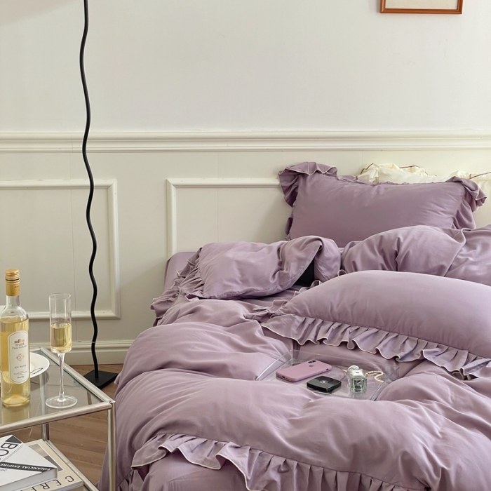 91家纺网 家纺一手货源 找家纺 时年 2022新款60长绒棉水洗轻磨毛花边款四件套 风信紫