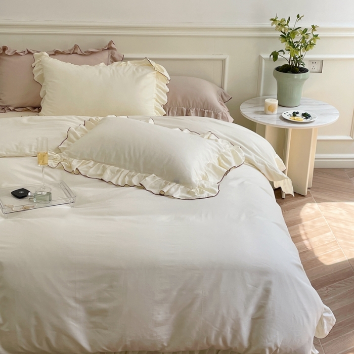 91家纺网 家纺一手货源 找家纺 时年 2022新款60长绒棉水洗轻磨毛花边款四件套 奶油白