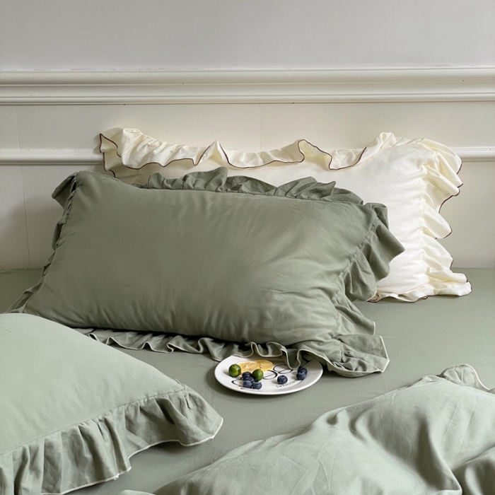 91家纺网 家纺一手货源 找家纺 时年 2022新款60长绒棉水洗轻磨毛花边款四件套 山野绿