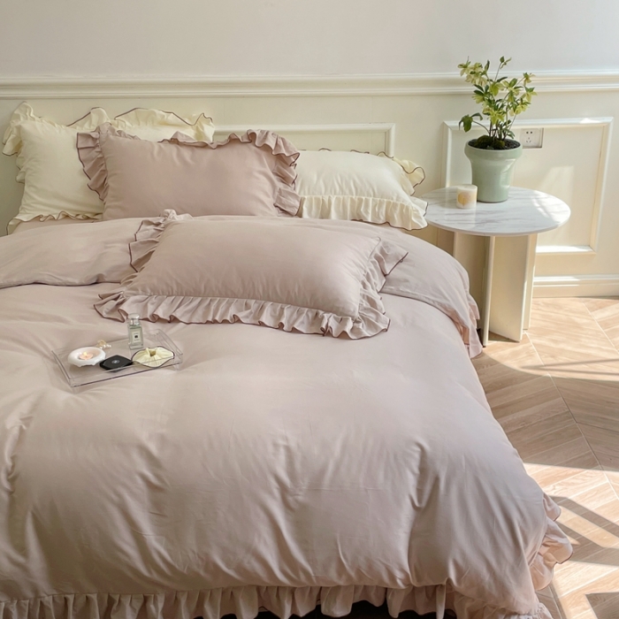 91家纺网 家纺一手货源 找家纺 时年 2022新款60长绒棉水洗轻磨毛花边款四件套 鲜芋米