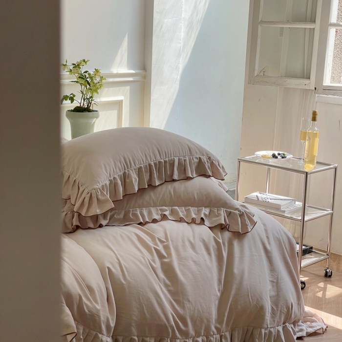 91家纺网 家纺一手货源 找家纺 时年 2022新款60长绒棉水洗轻磨毛花边款四件套 鲜芋米