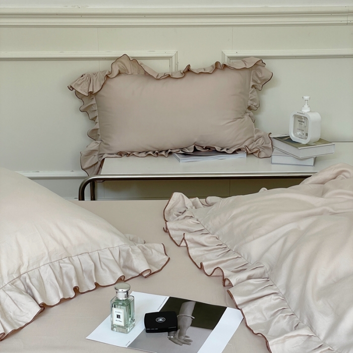 91家纺网 家纺一手货源 找家纺 时年 2022新款60长绒棉水洗轻磨毛花边款四件套 鲜芋米