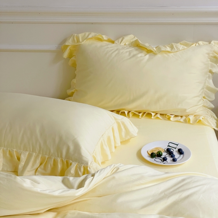 91家纺网 家纺一手货源 找家纺 时年 2022新款60长绒棉水洗轻磨毛花边款四件套 芝士黄