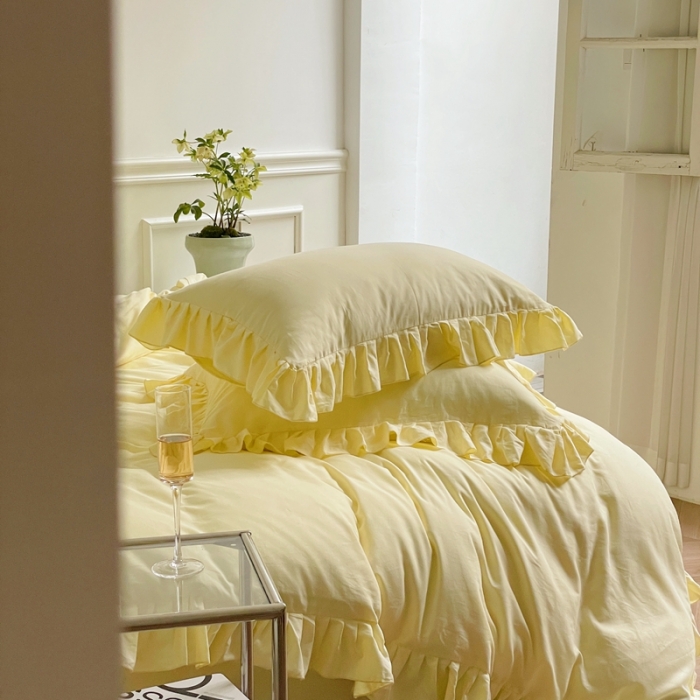 91家纺网 家纺一手货源 找家纺 时年 2022新款60长绒棉水洗轻磨毛花边款四件套 芝士黄