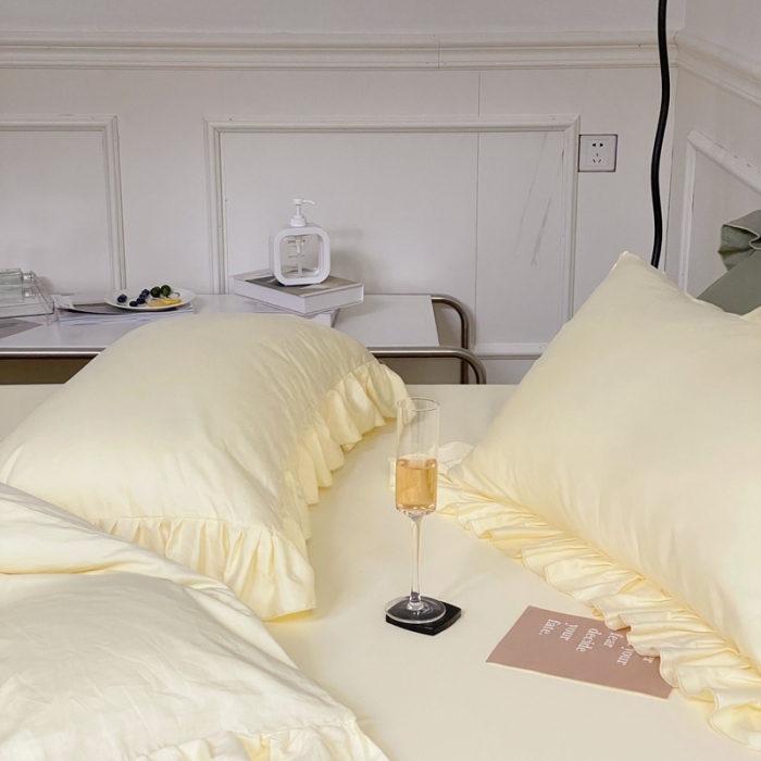 91家纺网 家纺一手货源 找家纺 时年 2022新款60长绒棉水洗轻磨毛花边款四件套 芝士黄