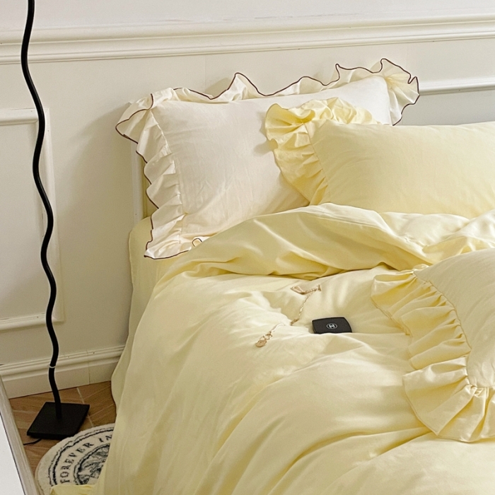 91家纺网 家纺一手货源 找家纺 时年 2022新款60长绒棉水洗轻磨毛花边款四件套 芝士黄