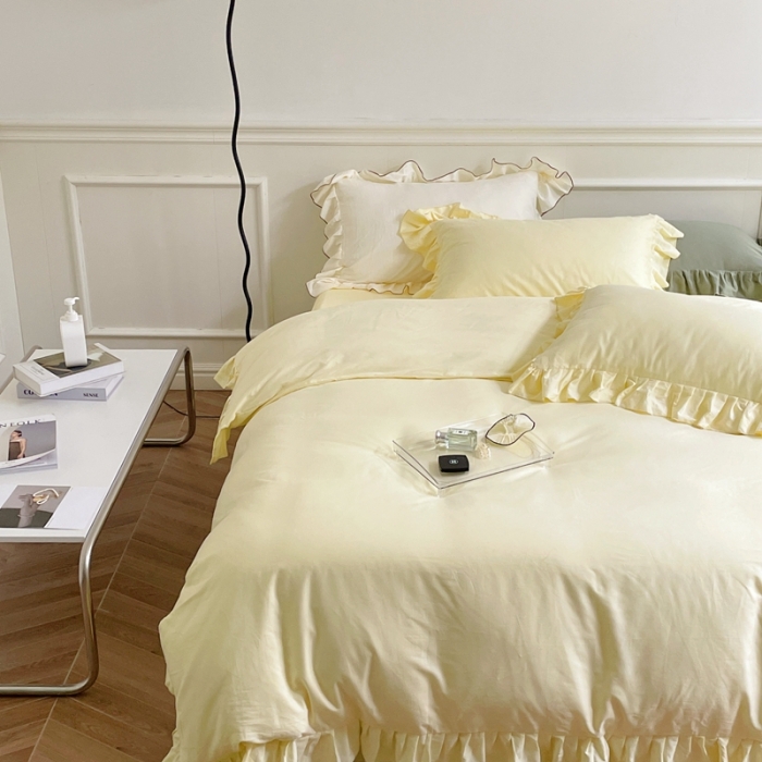 91家纺网 家纺一手货源 找家纺 时年 2022新款60长绒棉水洗轻磨毛花边款四件套 芝士黄