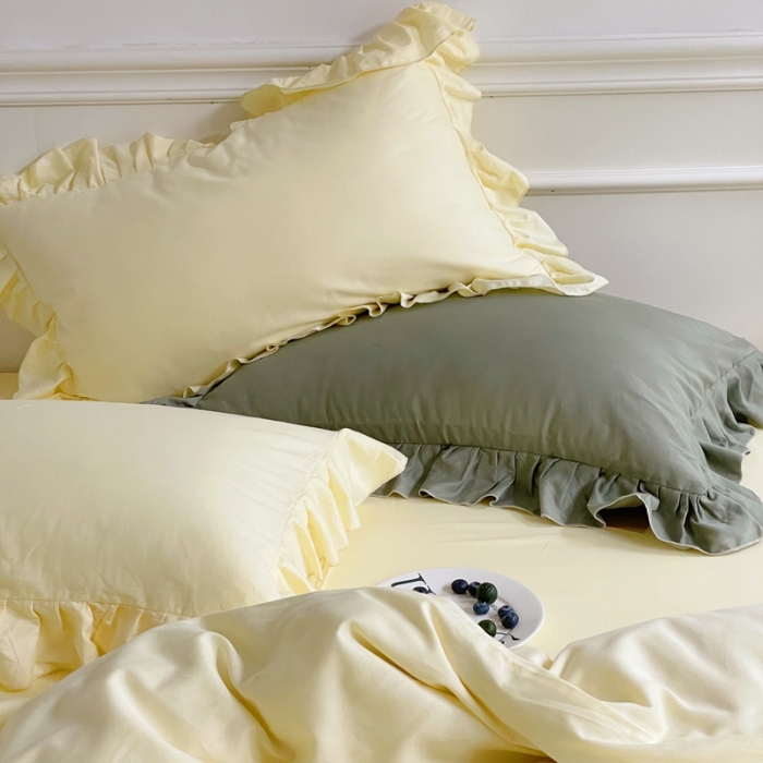 91家纺网 家纺一手货源 找家纺 时年 2022新款60长绒棉水洗轻磨毛花边款四件套 芝士黄