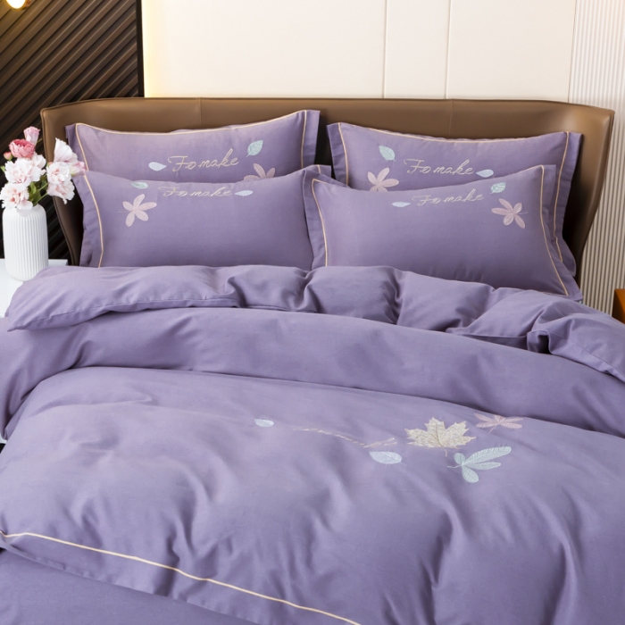 91家纺网 家纺一手货源 找家纺 优姿家纺 2022新款全棉磨毛绣花四件套 枫叶-淡紫