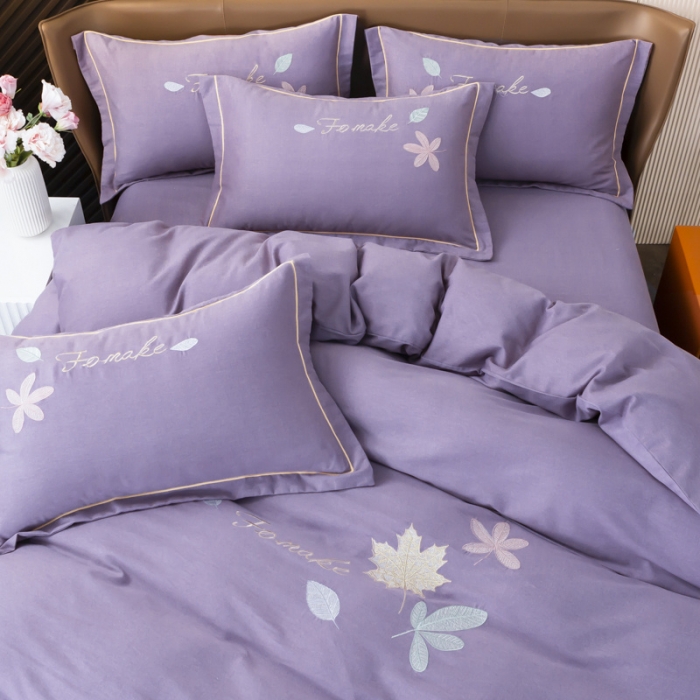 91家纺网 家纺一手货源 找家纺 优姿家纺 2022新款全棉磨毛绣花四件套 枫叶-淡紫