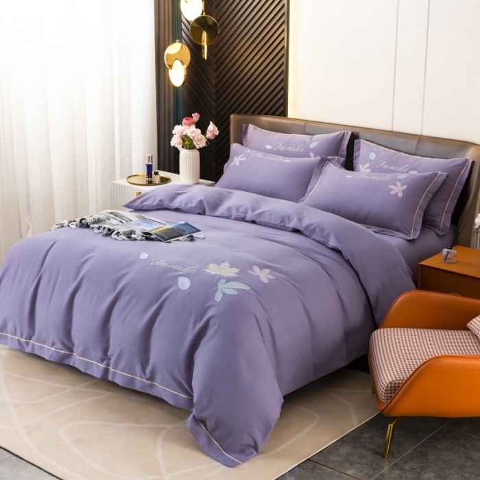 91家纺网 家纺一手货源 找家纺 优姿家纺 2022新款全棉磨毛绣花四件套 枫叶-淡紫