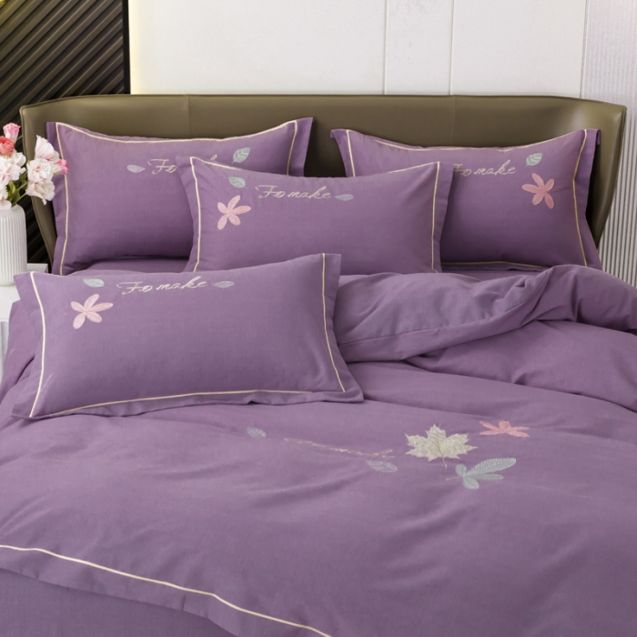 91家纺网 家纺一手货源 找家纺 优姿家纺 2022新款全棉磨毛绣花四件套 枫叶-豆沙紫