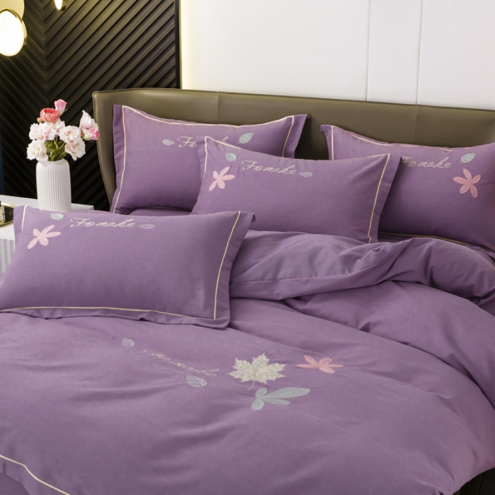 91家纺网 家纺一手货源 找家纺 优姿家纺 2022新款全棉磨毛绣花四件套 枫叶-豆沙紫