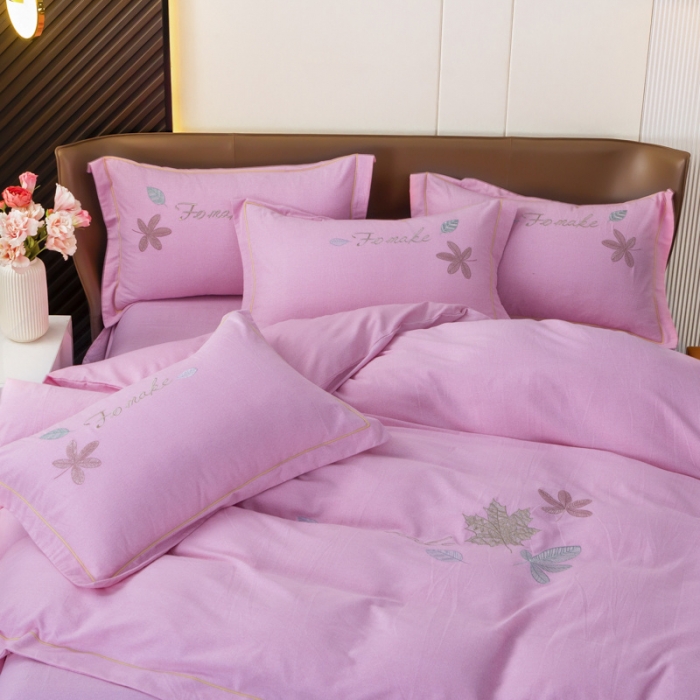 91家纺网 家纺一手货源 找家纺 优姿家纺 2022新款全棉磨毛绣花四件套 枫叶-粉色