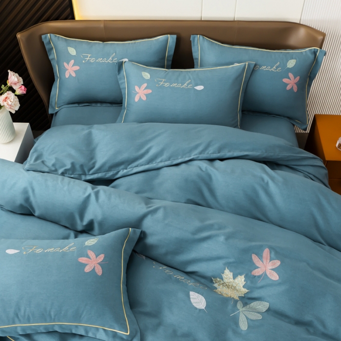 91家纺网 家纺一手货源 找家纺 优姿家纺 2022新款全棉磨毛绣花四件套 枫叶-孔雀蓝