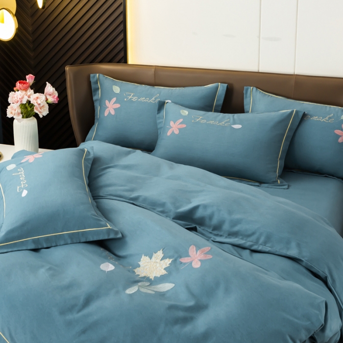 91家纺网 家纺一手货源 找家纺 优姿家纺 2022新款全棉磨毛绣花四件套 枫叶-孔雀蓝