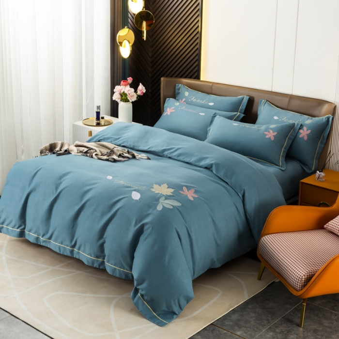 91家纺网 家纺一手货源 找家纺 优姿家纺 2022新款全棉磨毛绣花四件套 枫叶-孔雀蓝