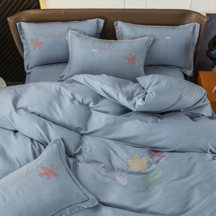 91家纺网 家纺一手货源 找家纺 优姿家纺 2022新款全棉磨毛绣花四件套 枫叶-蓝灰