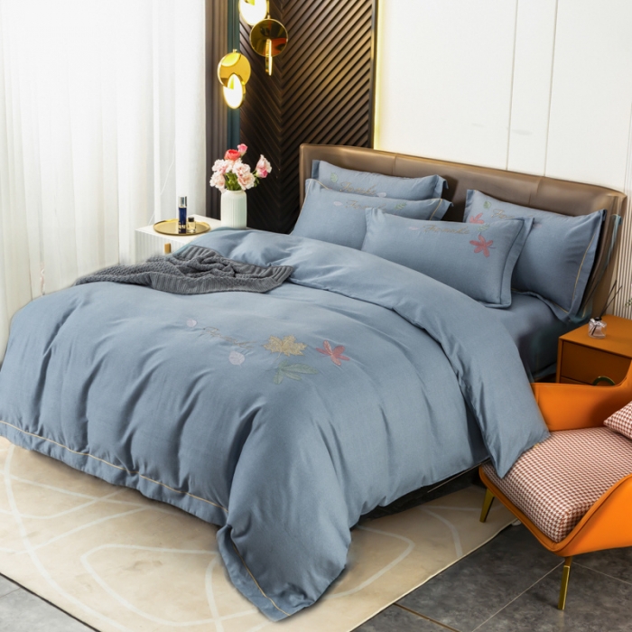 91家纺网 家纺一手货源 找家纺 优姿家纺 2022新款全棉磨毛绣花四件套 枫叶-蓝灰