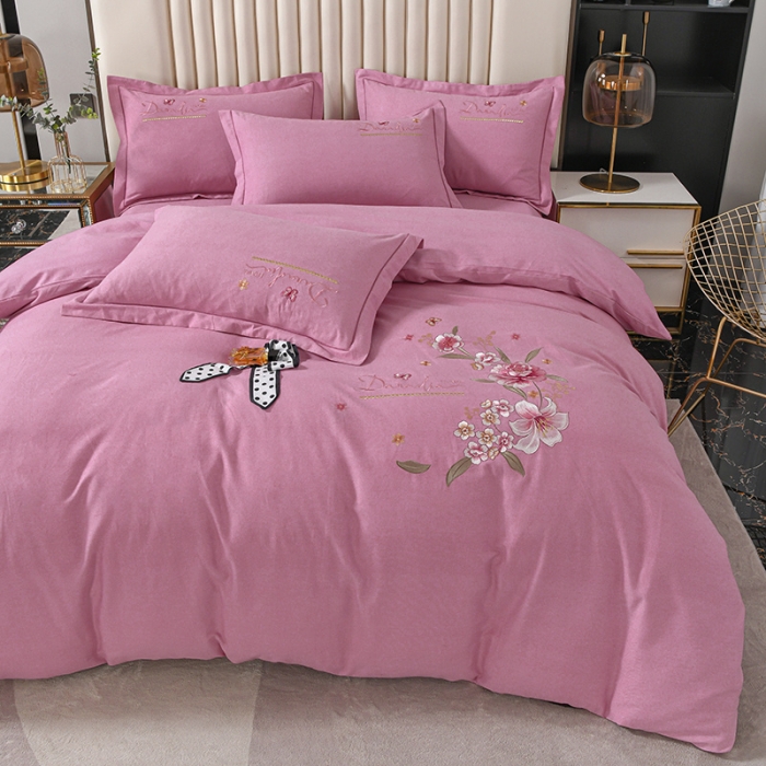 91家纺网 家纺一手货源 找家纺 优姿家纺 2022新款全棉磨毛绣花四件套 香水百合-粉红