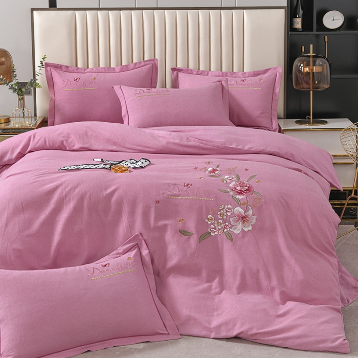 91家纺网 家纺一手货源 找家纺 优姿家纺 2022新款全棉磨毛绣花四件套 香水百合-粉红