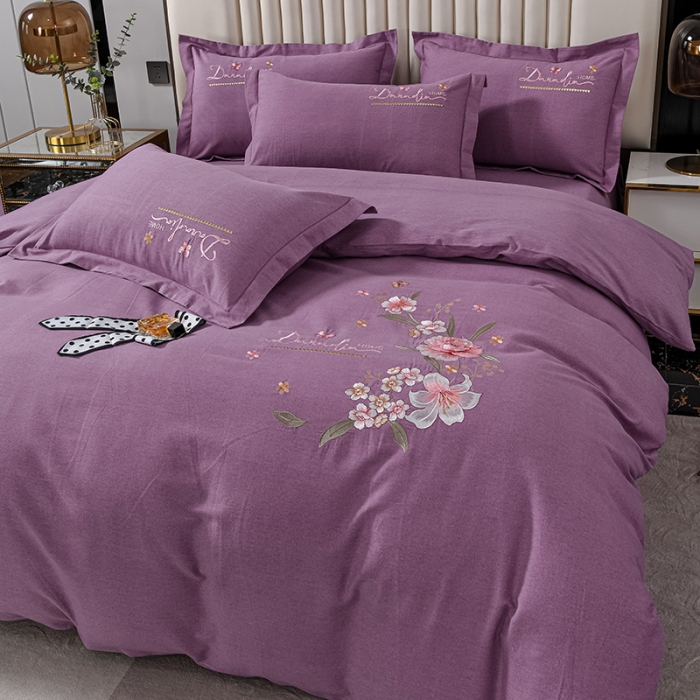 91家纺网 家纺一手货源 找家纺 优姿家纺 2022新款全棉磨毛绣花四件套 香水百合-红豆沙