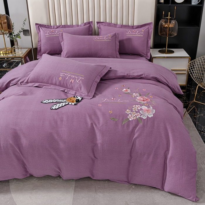 91家纺网 家纺一手货源 找家纺 优姿家纺 2022新款全棉磨毛绣花四件套 香水百合-红豆沙