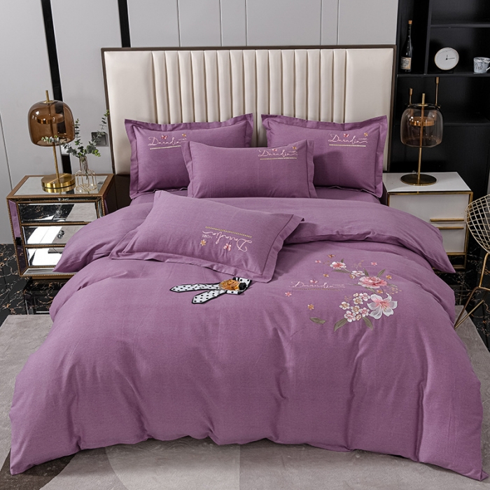 91家纺网 家纺一手货源 找家纺 优姿家纺 2022新款全棉磨毛绣花四件套 香水百合-红豆沙