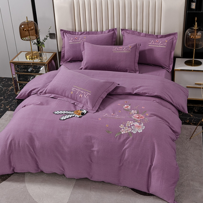 91家纺网 家纺一手货源 找家纺 优姿家纺 2022新款全棉磨毛绣花四件套 香水百合-红豆沙