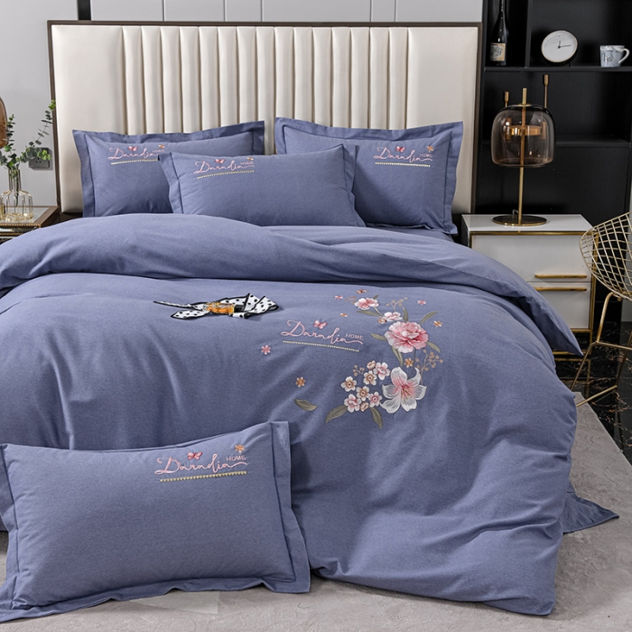 91家纺网 家纺一手货源 找家纺 优姿家纺 2022新款全棉磨毛绣花四件套 香水百合-浅灰