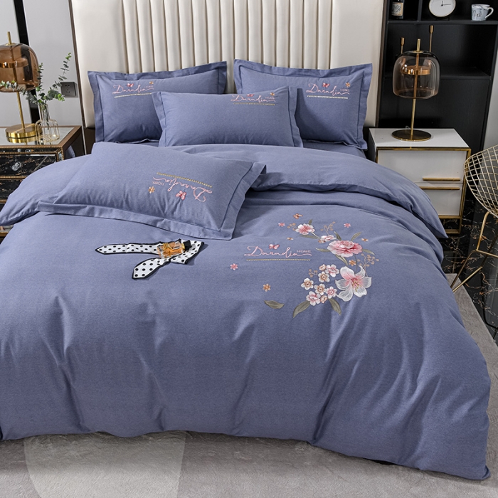 91家纺网 家纺一手货源 找家纺 优姿家纺 2022新款全棉磨毛绣花四件套 香水百合-浅灰