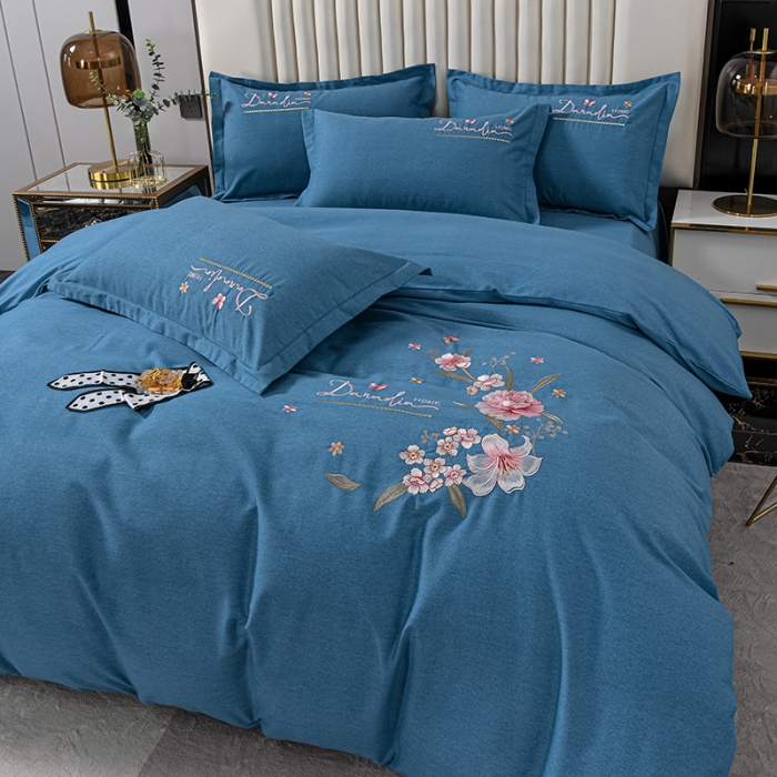 91家纺网 家纺一手货源 找家纺 优姿家纺 2022新款全棉磨毛绣花四件套 香水百合-清澈蓝